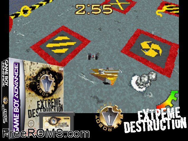 Robot Wars - Extreme Destruction Gameboy Advance game showing 3D box cover and gameplay screenshot